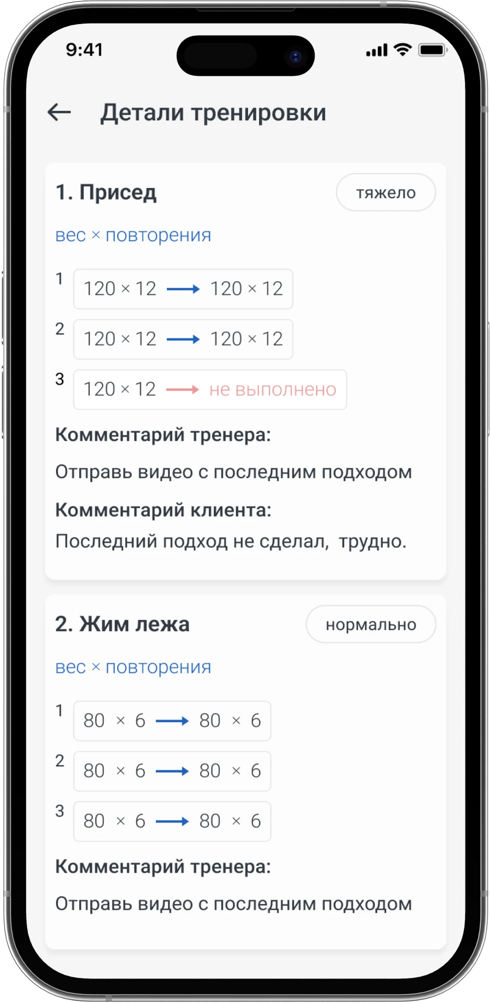 Детали тренировки для клиента в Trainistry